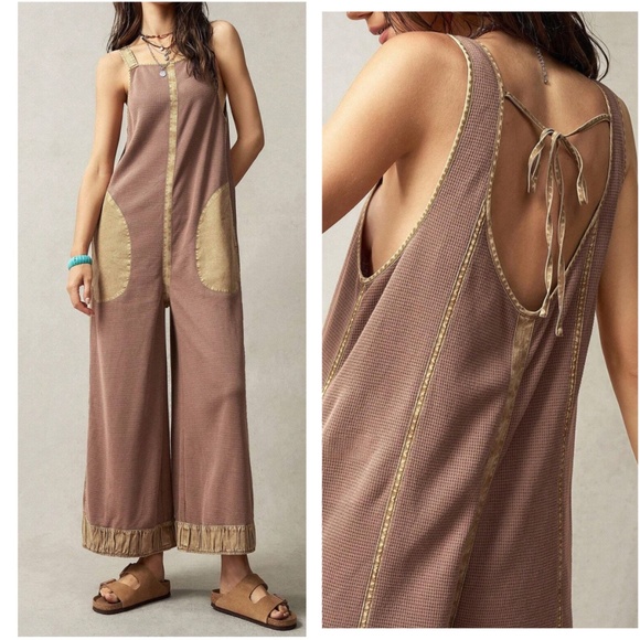 Boho Color Block Tie Back Wide Leg Pockets Jumpsuit - Picture 4 of 6